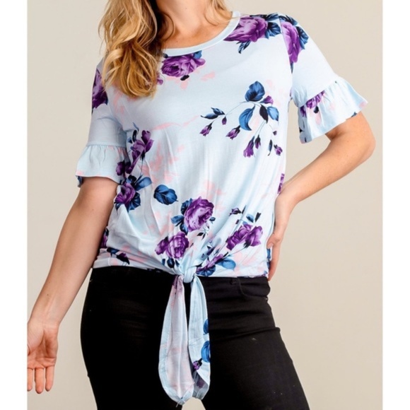 Kala Vella Tops - **Aqua Floral Crew Neck Top ** Ties at the bottom